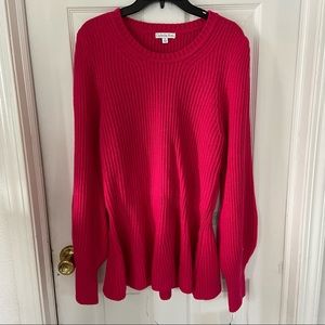 NWT OPHELIA & ROE hot pink puff sleeve chunky knit peplum sweater size XL